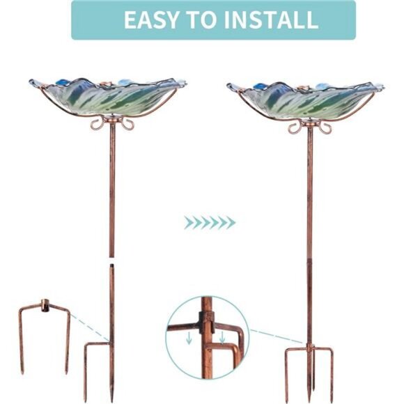 Glass Bird Baths for Outdoors, Garden Bird Bath Bowl with Metal Stake - Picture 7 of 8
